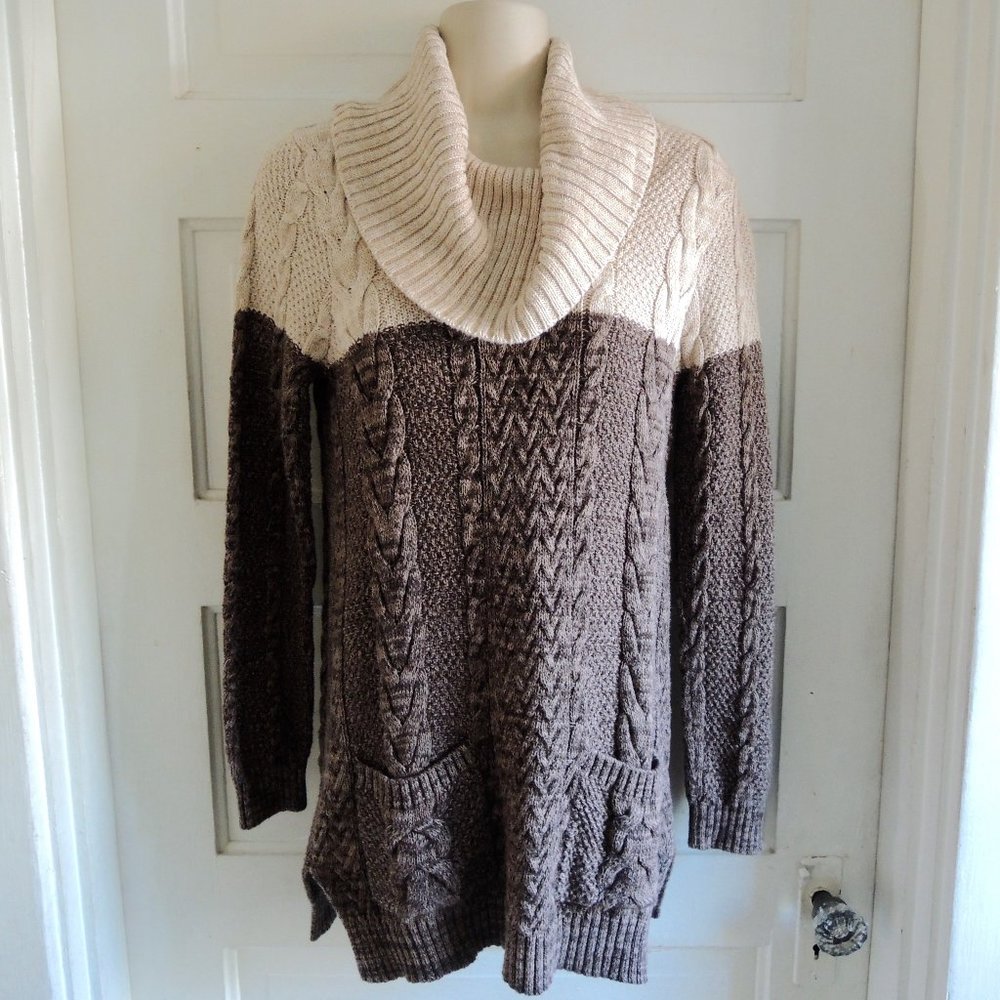 Jeanne Pierre Cream & Brown Cowl Cable Cotton Tunic Sweater S
